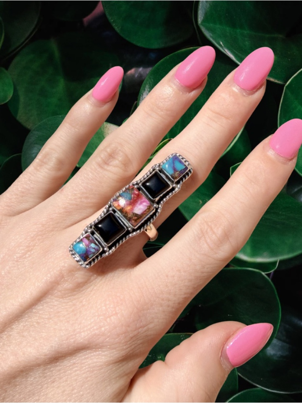 Pink Dahlia Turquoise & Onyx Bar Ring | 925 Sterling Silver | Adjustable Size